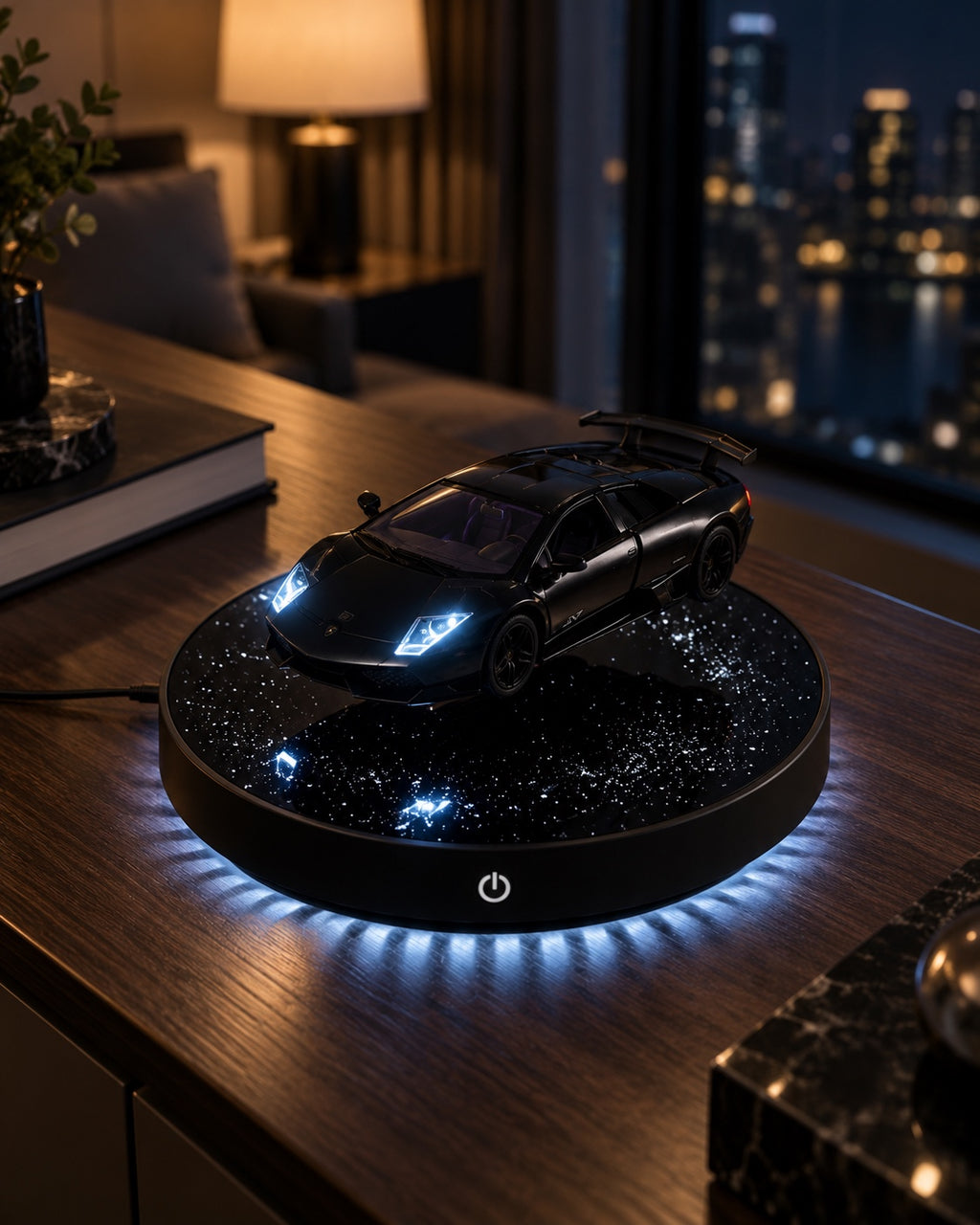 ZERO G CAR LAMP from above with illuminated starfield base at night